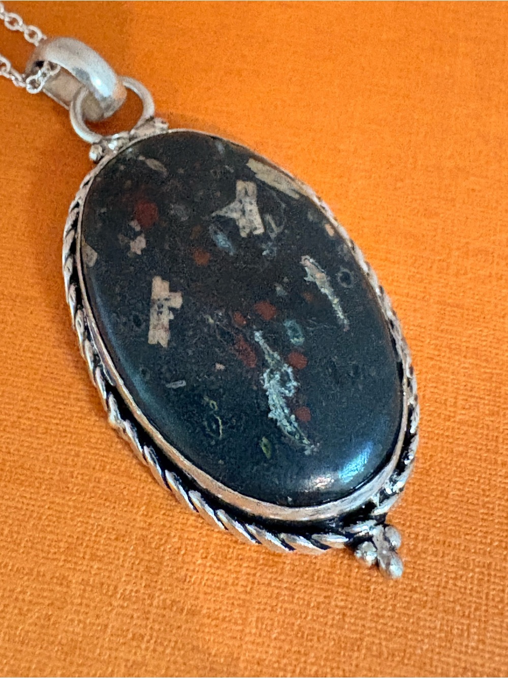 Bloodstone Jasper Oval Pendant Necklace on 925 Stamped Chain